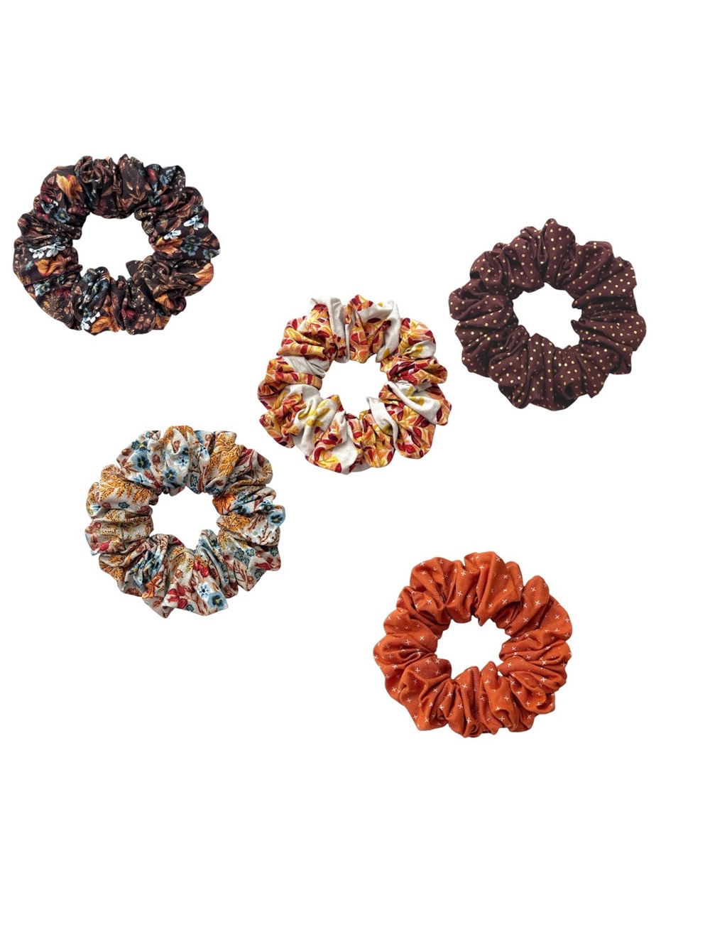 Floral and Polka Dot Scrunchie Set - Brown, Orange, Cream - Picture 4 of 8